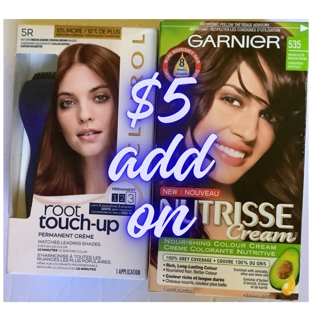 Garnier Nutrisse crème hair color 535 medium brown, Clairol root touch up 5R